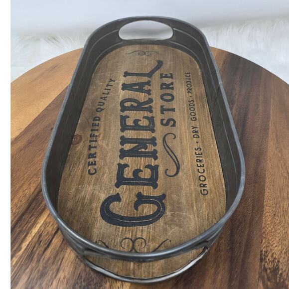 Trinket Fruit Holder Farm Kitchen Oval General Store Wood Tin Decorative Dish - Picture 6 of 7